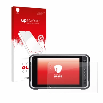 Parte frontal de un envase de producto con el logotipo de la marca upscreen. Al lado se muestra el dispositivo Handheld Algiz 