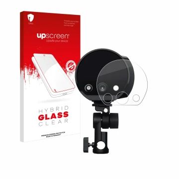 Parte frontal de un envase de producto con el logotipo de la marca upscreen. Al lado se muestra el dispositivo Profoto B10X co