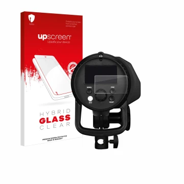 Parte frontal de un envase de producto con el logotipo de la marca upscreen. Al lado se muestra el dispositivo Profoto B1X con