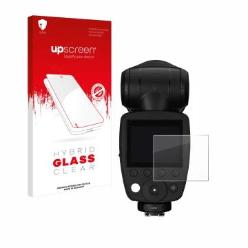 Parte frontal de un envase de producto con el logotipo de la marca upscreen. Al lado se muestra el dispositivo Profoto A10 con