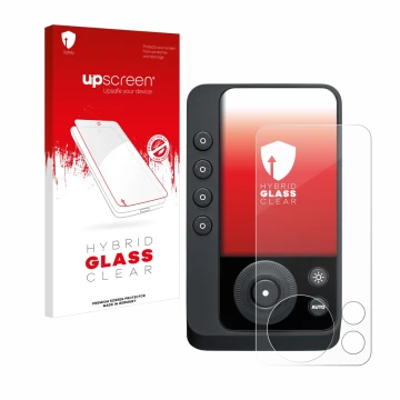 Parte frontal de un envase de producto con el logotipo de la marca upscreen. Al lado se muestra el dispositivo Profoto Connect