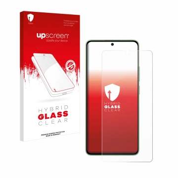Parte frontal de un envase de producto con el logotipo de la marca upscreen. Al lado se muestra el dispositivo Xiaomi Redmi No