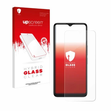Parte frontal de un envase de producto con el logotipo de la marca upscreen. Al lado se muestra el dispositivo TCL 40 R 5G con