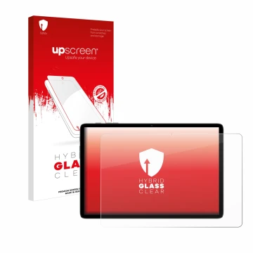 Parte frontal de un envase de producto con el logotipo de la marca upscreen. Al lado se muestra el dispositivo Teclast P30T co
