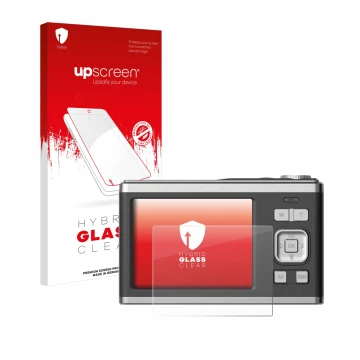 Parte frontal de un envase de producto con el logotipo de la marca upscreen. Al lado se muestra el dispositivo Rollei Compactl