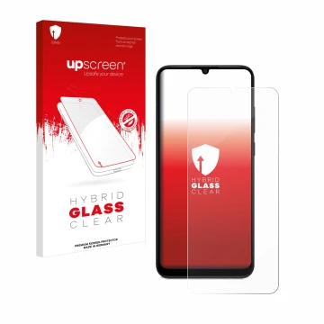 Parte frontal de un envase de producto con el logotipo de la marca upscreen. Al lado se muestra el dispositivo Samsung Galaxy 