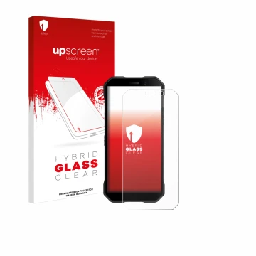Parte frontal de un envase de producto con el logotipo de la marca upscreen. Al lado se muestra el dispositivo Doogee S61 Pro 