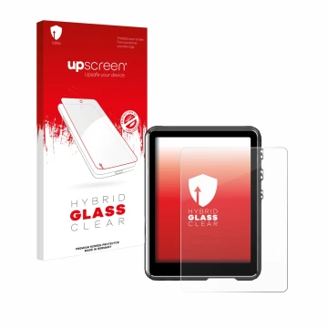 Parte frontal de un envase de producto con el logotipo de la marca upscreen. Al lado se muestra el dispositivo Mechen M3 con s