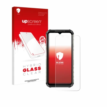 Parte frontal de un envase de producto con el logotipo de la marca upscreen. Al lado se muestra el dispositivo Ulefone Armor 2