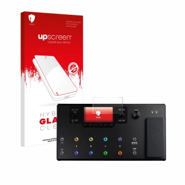 Parte frontal de un envase de producto con el logotipo de la marca upscreen. Al lado se muestra el dispositivo Line 6 Helix LT