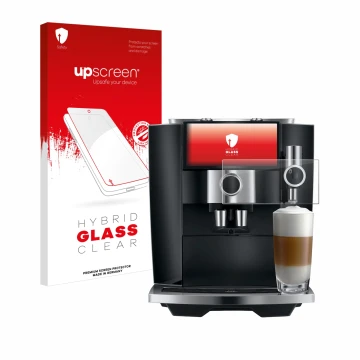 Parte frontal de un envase de producto con el logotipo de la marca upscreen. Al lado se muestra el dispositivo Jura J8 twin co