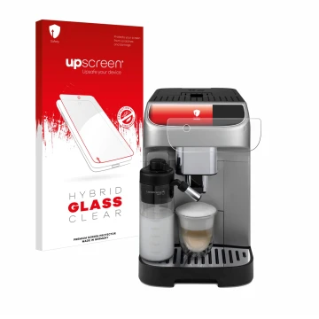 Parte frontal de un envase de producto con el logotipo de la marca upscreen. Al lado se muestra el dispositivo DeLonghi Magnif
