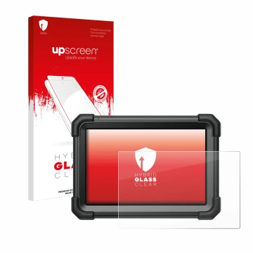 Parte frontal de un envase de producto con el logotipo de la marca upscreen. Al lado se muestra el dispositivo Launch X-431 Pr