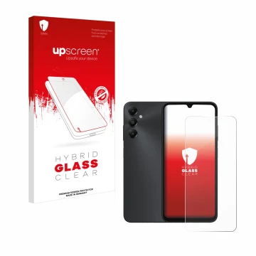 Parte frontal de un envase de producto con el logotipo de la marca upscreen. Al lado se muestra el dispositivo Samsung Galaxy 