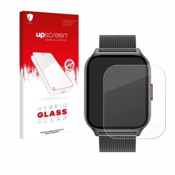 Parte frontal de un envase de producto con el logotipo de la marca upscreen. Al lado se muestra el dispositivo Popglory P95 2