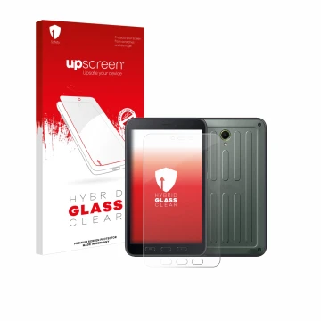 Parte frontal de un envase de producto con el logotipo de la marca upscreen. Al lado se muestra el dispositivo Samsung Galaxy 