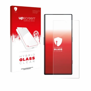 Parte frontal de un envase de producto con el logotipo de la marca upscreen. Al lado se muestra el dispositivo ZTE Nubia Red M