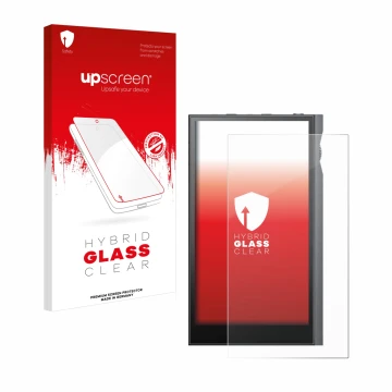 Parte frontal de un envase de producto con el logotipo de la marca upscreen. Al lado se muestra el dispositivo Astell&Kern Kan