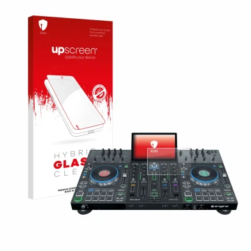 Parte frontal de un envase de producto con el logotipo de la marca upscreen. Al lado se muestra el dispositivo Denon DJ Prime 