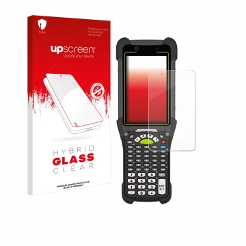 Parte frontal de un envase de producto con el logotipo de la marca upscreen. Al lado se muestra el dispositivo Zebra MC9400 co