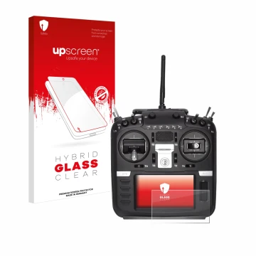 Parte frontal de un envase de producto con el logotipo de la marca upscreen. Al lado se muestra el dispositivo Radiomaster TX1
