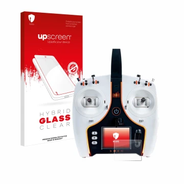 Parte frontal de un envase de producto con el logotipo de la marca upscreen. Al lado se muestra el dispositivo Spektrum NX7e c