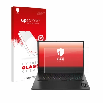 Parte frontal de un envase de producto con el logotipo de la marca upscreen. Al lado se muestra el dispositivo HP Omen 16 2024
