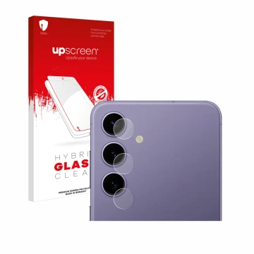 Parte frontal de un envase de producto con el logotipo de la marca upscreen. Al lado se muestra el dispositivo Samsung Galaxy 