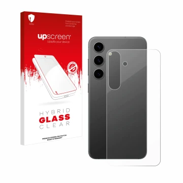 Parte frontal de un envase de producto con el logotipo de la marca upscreen. Al lado se muestra el dispositivo Samsung Galaxy 