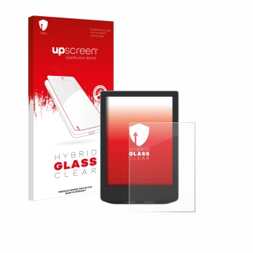 Parte frontal de un envase de producto con el logotipo de la marca upscreen. Al lado se muestra el dispositivo Vivlio Light HD