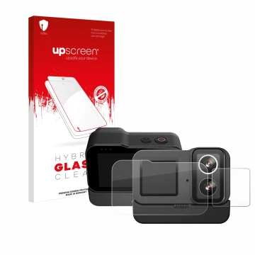 Parte frontal de un envase de producto con el logotipo de la marca upscreen. Al lado se muestra el dispositivo SJCAM SJ20 Dual