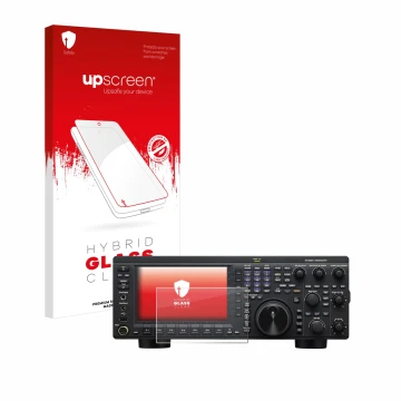 Parte frontal de un envase de producto con el logotipo de la marca upscreen. Al lado se muestra el dispositivo Kenwood TS-890S