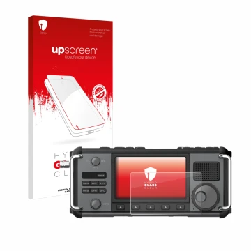 Parte frontal de un envase de producto con el logotipo de la marca upscreen. Al lado se muestra el dispositivo Xiegu X6200 con