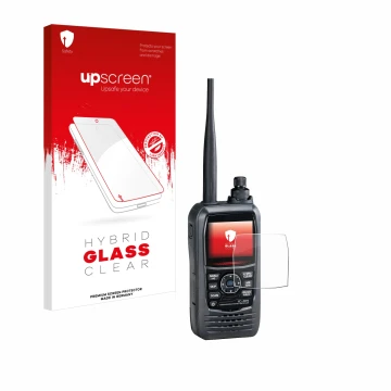 Parte frontal de un envase de producto con el logotipo de la marca upscreen. Al lado se muestra el dispositivo Icom IC-R15 con