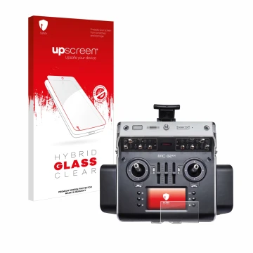 Parte frontal de un envase de producto con el logotipo de la marca upscreen. Al lado se muestra el dispositivo Graupner MC-32e