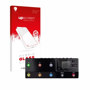 Parte frontal de un envase de producto con el logotipo de la marca upscreen. Al lado se muestra el dispositivo Line 6 hx stomp