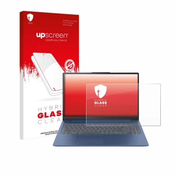Parte frontal de un envase de producto con el logotipo de la marca upscreen. Al lado se muestra el dispositivo Lenovo IdeaPad 