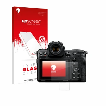Parte frontal de un envase de producto con el logotipo de la marca upscreen. Al lado se muestra el dispositivo Nikon Z 8 (Pant