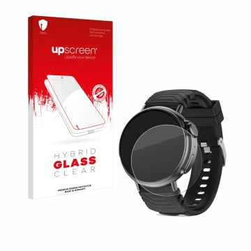 Parte frontal de un envase de producto con el logotipo de la marca upscreen. Al lado se muestra el dispositivo AMZSA GT88 con 