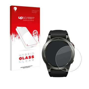 Parte frontal de un envase de producto con el logotipo de la marca upscreen. Al lado se muestra el dispositivo Zeblaze Stratos