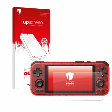 Parte frontal de un envase de producto con el logotipo de la marca upscreen. Al lado se muestra el dispositivo Retroid Pocket 