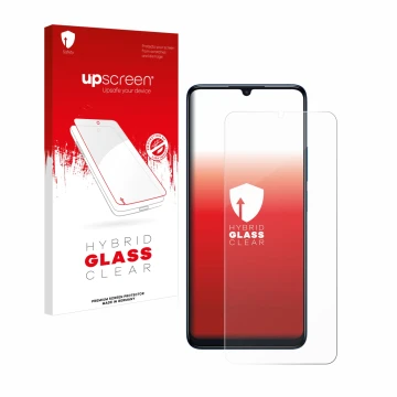 Parte frontal de un envase de producto con el logotipo de la marca upscreen. Al lado se muestra el dispositivo TCL 505 con su 