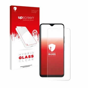 Parte frontal de un envase de producto con el logotipo de la marca upscreen. Al lado se muestra el dispositivo Tecno Spark 10 