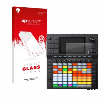 Parte frontal de un envase de producto con el logotipo de la marca upscreen. Al lado se muestra el dispositivo Akai Force con 