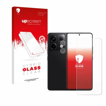 Parte frontal de un envase de producto con el logotipo de la marca upscreen. Al lado se muestra el dispositivo Xiaomi Redmi No