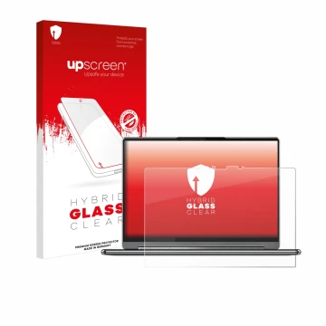 Parte frontal de un envase de producto con el logotipo de la marca upscreen. Al lado se muestra el dispositivo Lenovo Yoga 9i 