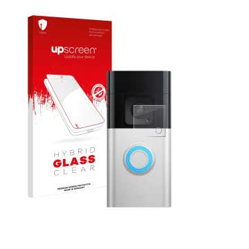 Parte frontal de un envase de producto con el logotipo de la marca upscreen. Al lado se muestra el dispositivo Ring Video Door