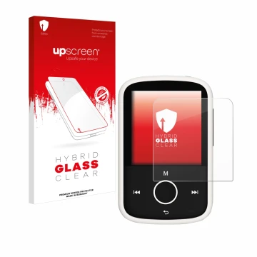 Parte frontal de un envase de producto con el logotipo de la marca upscreen. Al lado se muestra el dispositivo Majority MP3 16