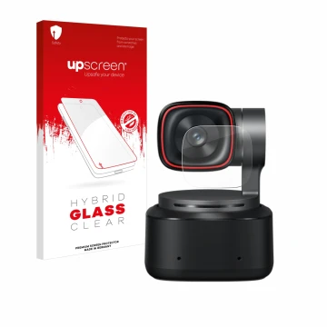 Parte frontal de un envase de producto con el logotipo de la marca upscreen. Al lado se muestra el dispositivo OBSBOT Tiny 2 c