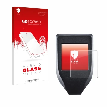 Parte frontal de un envase de producto con el logotipo de la marca upscreen. Al lado se muestra el dispositivo Trezor Model T 